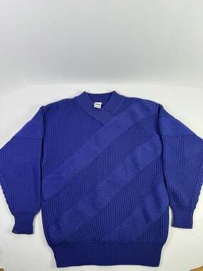 Vintage Mistral Blue 100% Wool Sweater, Textured Stripes, Size Large